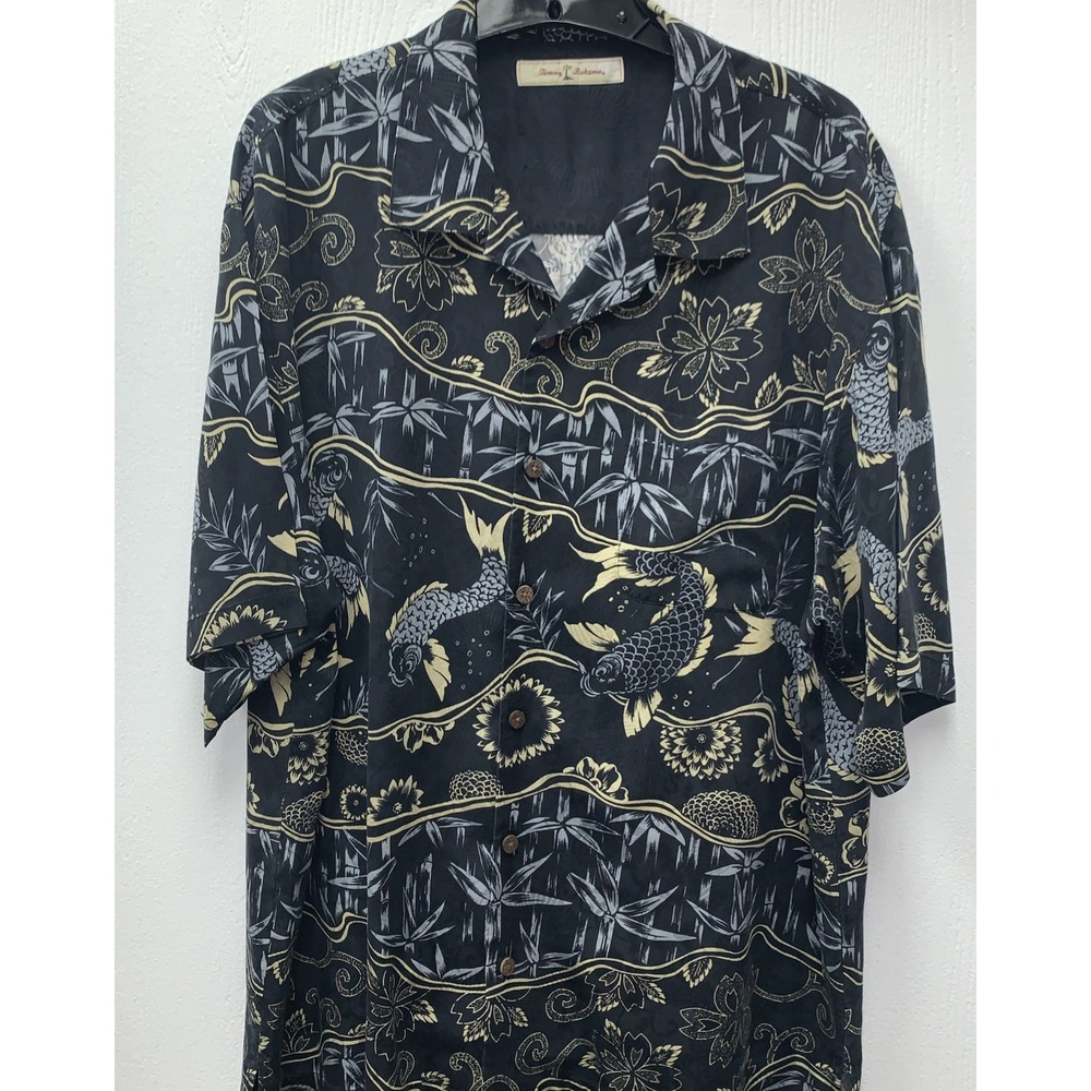 TOMMY BAHAMA Men 100% Silk Short Sleeve Button Shirt XL Black KOI FISH Hawaiian